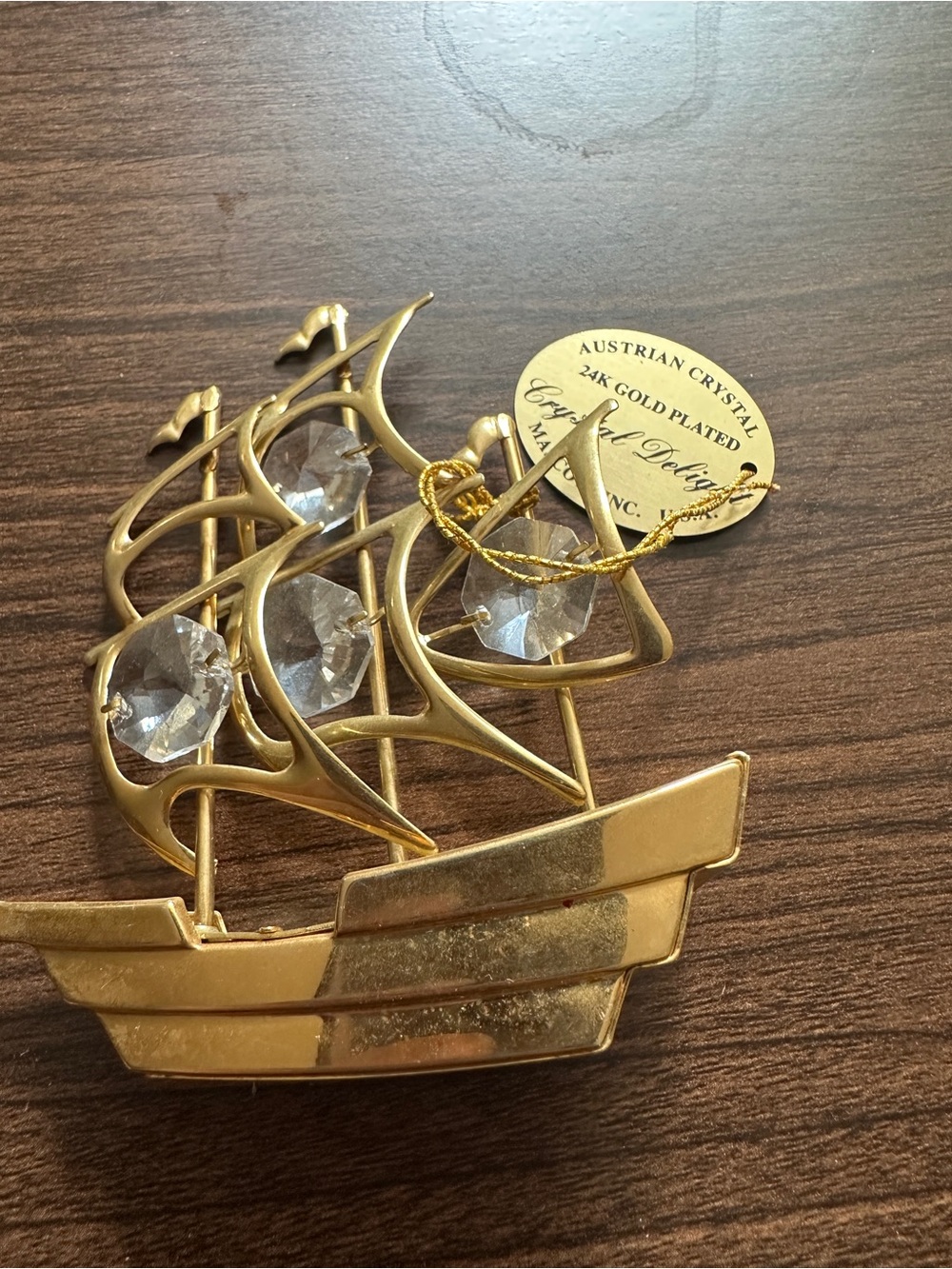 24K Gold Plated Sailboat Ornament - Gold with Clear Crystals